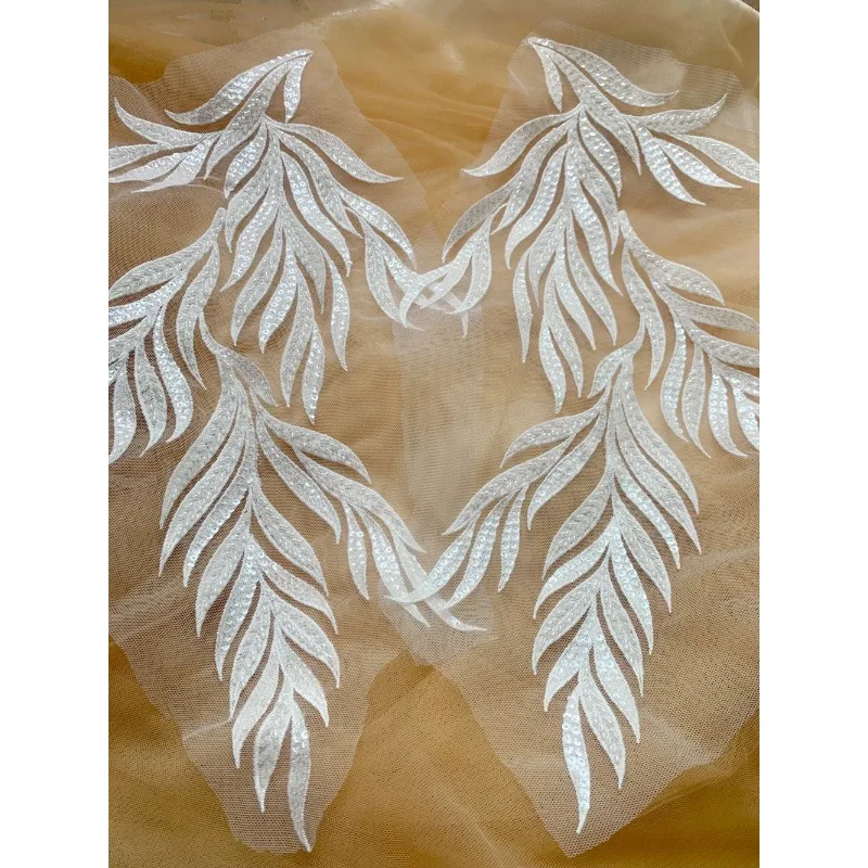 

2 Pieces New High-end Custom Sequin Embroidery White Decal Lace, DIY Bridal Wedding Dress Background Decoration Accessories
