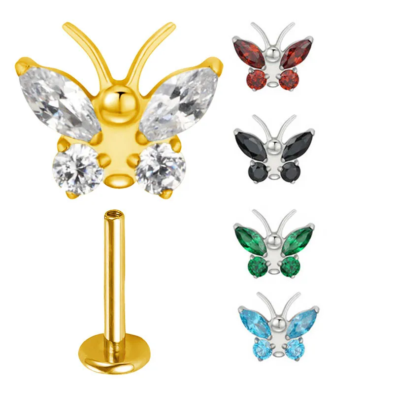 

ASTM F136 Titanium EAR PIERC Butterfly shape 4 CZ Paved Top Labret Studs Ear Cartilage Earrings Lip Ring Stud Piercing Jewelry