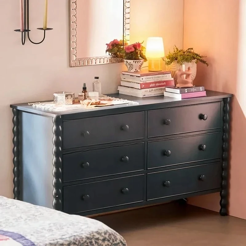 A  GFrench solid wood six-chest cabinet, retro storage cabinet, wabi sandy wind log carving porch, drawer storage cabinet