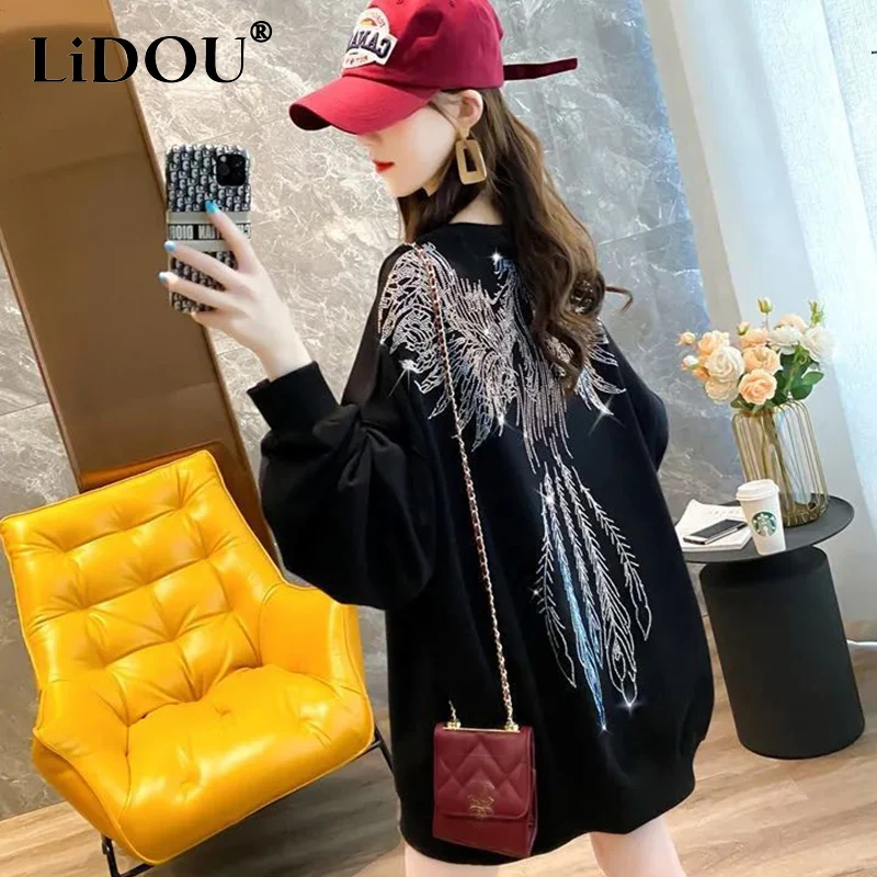 Spring Autumn Y2K Solid Diamonds Fashion Casual Sweatshirt Ladies Street Style Loose Jumper Trend Popularity Pullover Top Women