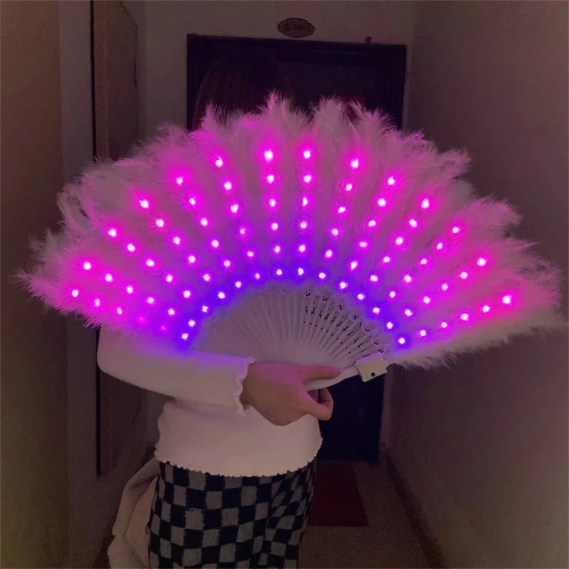 LED Glowing Fan RGB Changeable Feather Folding Fan Dancing Light Night Fluorescent Bar Led Fan Lamp For Nightclub Party Wedding