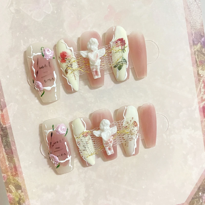 Oil Painting Handmade Press on Nails Gypsum Angel False Nails Gradient Nail Art Full Cover Fake Nails Dreamy Fingernail Tips Set