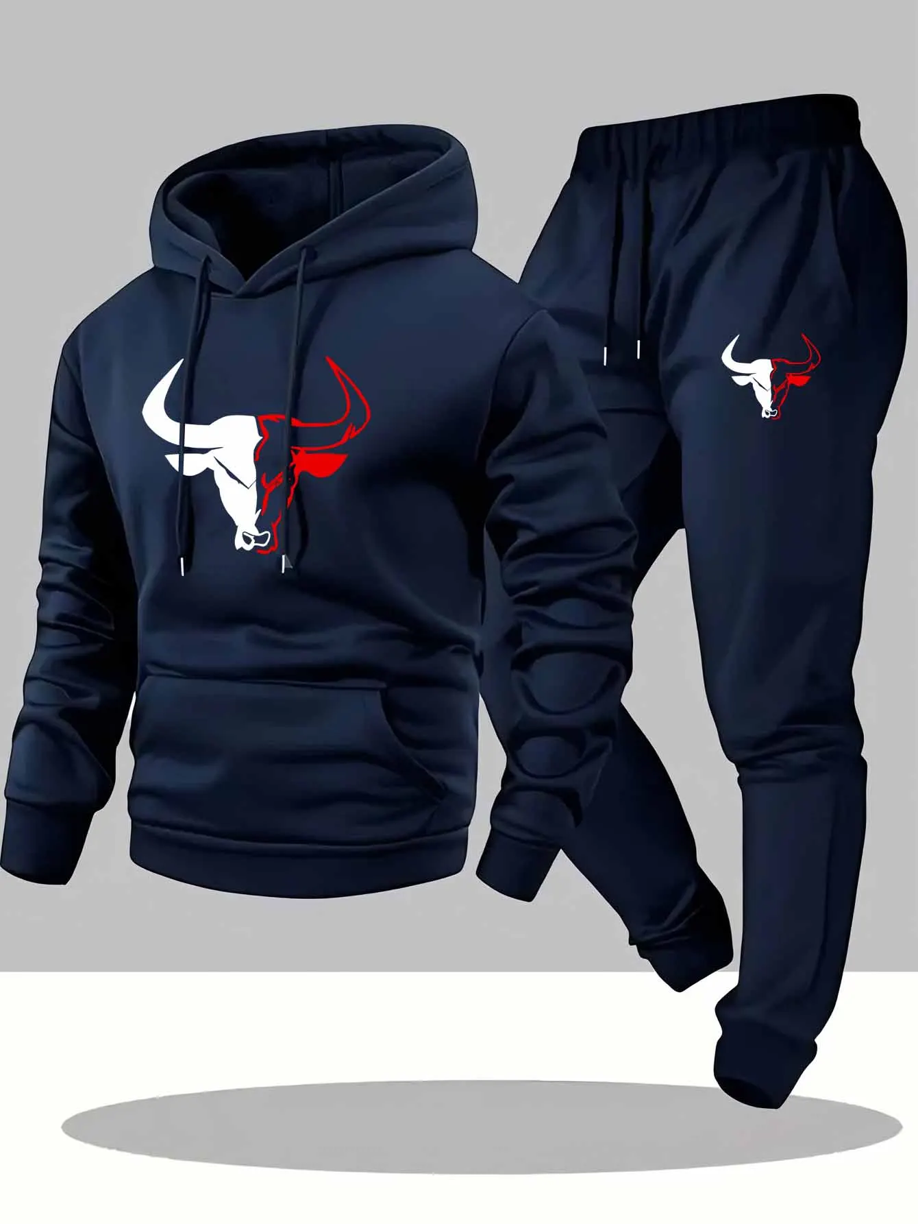 

Men's Bull Print Long-Sleeve Hoodie And Sweatpants Set Casual Trendy Outfit for Fall/Winter Machine Washable Comfortable Set
