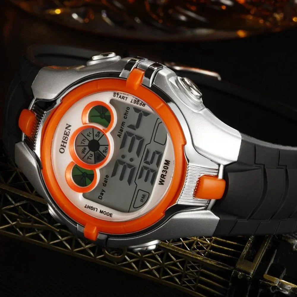 

OHSEN Brand Boys Girls Sport Watches 30M Waterproof Orange Cartoon Digital Children Wristwatch Stopwatch LED Electronic Watch