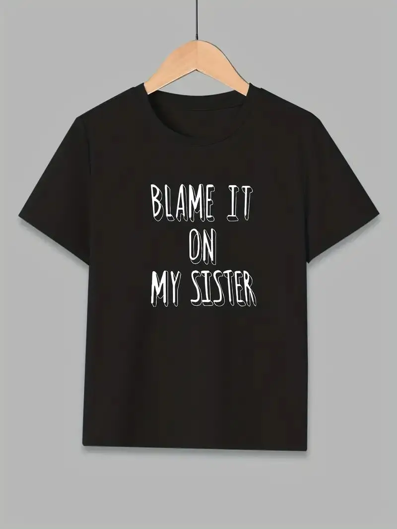

BLAME IT ON MY SISTER Letter Print Boys Creative T-shirt, Casual Lightweight Comfy Short Sleeve Tee Tops, Kids Clothings