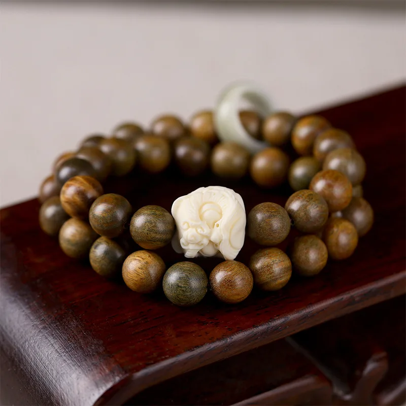 

[Пробуждение льва] Зеленый двойной круг беговое кольцо из натурального сандалового дерева четки для женщин деревянный браслет ручная веревка