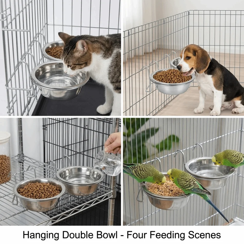 2PCS Wear Proof Metal Hanging Dog Bowl Large Capacity Hanging Mountable Cage Mounted Pet Bowl Anti Tip Structure Round Shaped