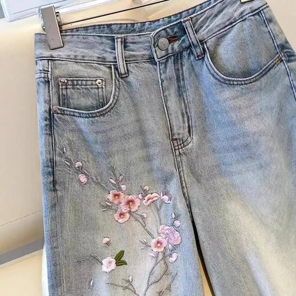 

Прямые джинсы Guofeng с высокой талией для женщин, новые красочные широкие брюки с вышивкой для девочек, узкое издание