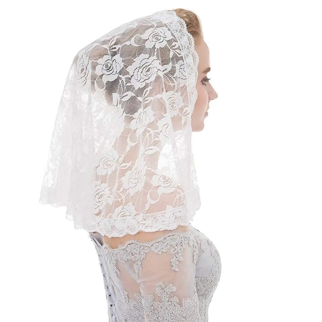 Bride Wedding Veil 1T Catholic Veil Short Church Bridal Veil Shoulder Length Flower Edge Hair Accessories for Brides