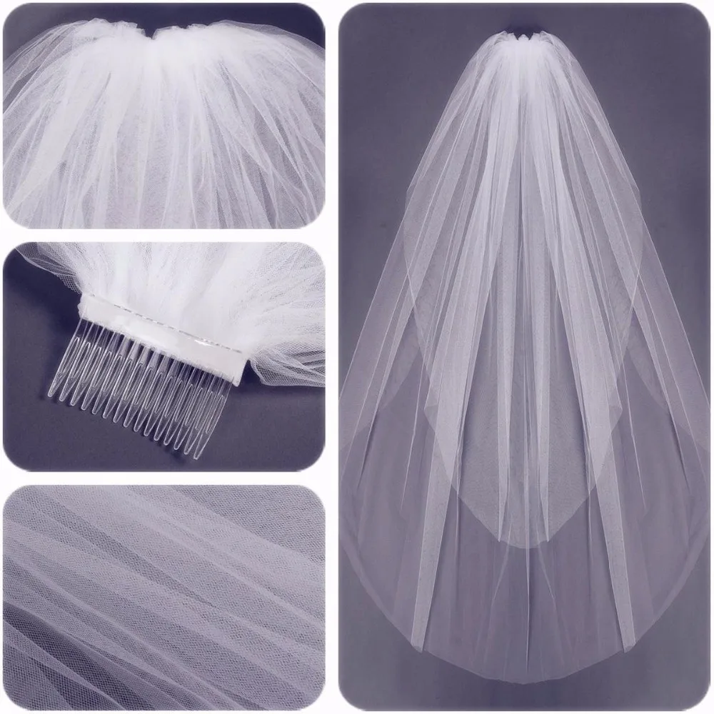 Short Soft Tulle Wedding Veils Two Layers Cut Edge Wedding Veil Comb