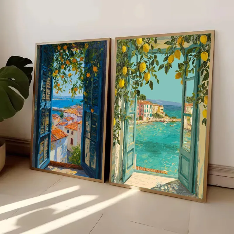Mediterranean Sea w-Window Lemon Tree,orange Coastal View Italy Town Poster Canvas Painting Wall Art Pictures Home Decor