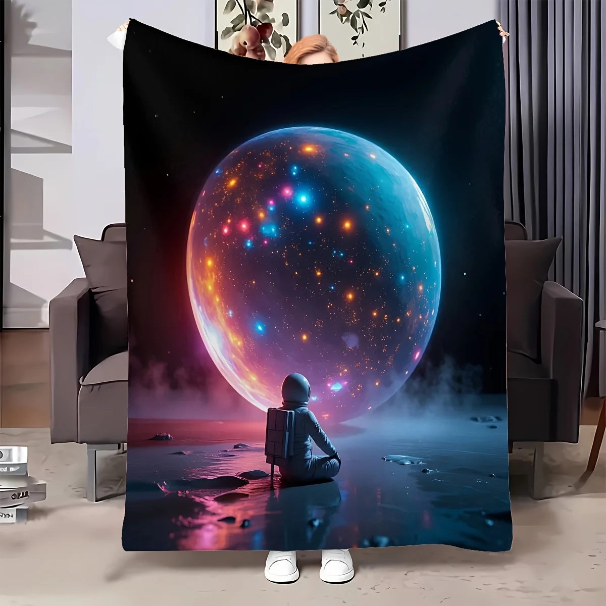 1pc Flannel Astronaut Space Blanket - Soft Plush Galaxy & Nebula Throw with Astronaut & Planets, All-Season Bedspread, Couch