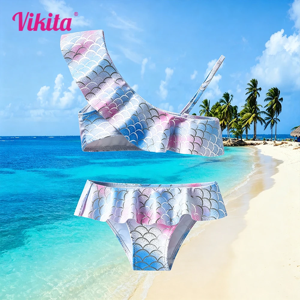 VIKITA Mädchen-Badeanzug mit Ombre-Farbverlauf, glänzende Meerjungfrauen-Schuppen, One-Shoulder-Rüschen, 2-teiliger Bikini, elegante Strandbadebekleidung aus Polyester für Kinder