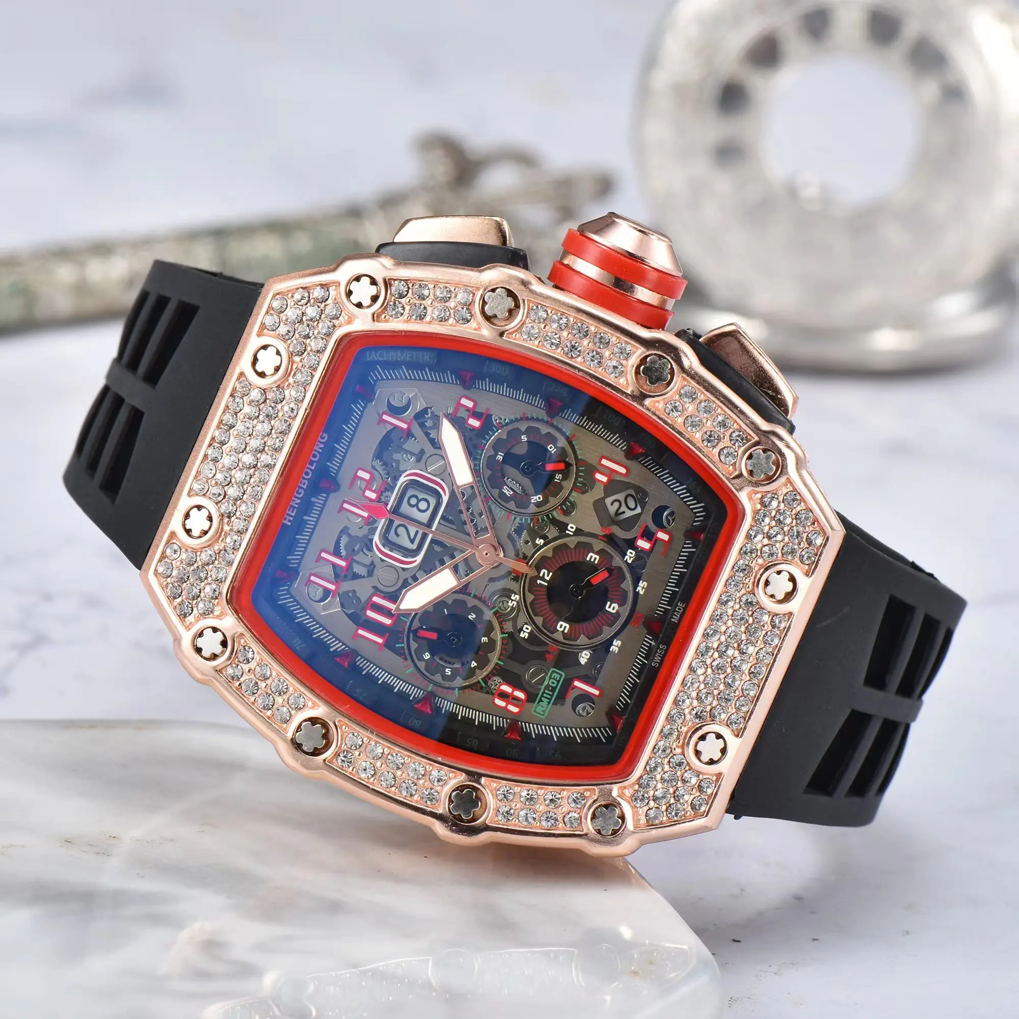 

Fashion Luxury Waterproof diamond inlaid silicone strap tonneau hollowed out Three-Eye Six-Pin Calendar Wristwatch Quartz Watch