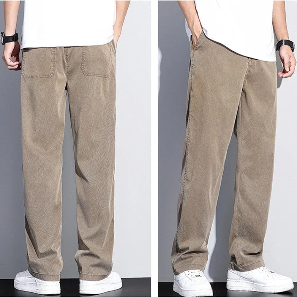 2024 Summer Thin Soft Lyocell Fabric Jeans Men Loose Straight Wide Leg Pants Elastic Waist Casual Trousers Plus Size M-5XL