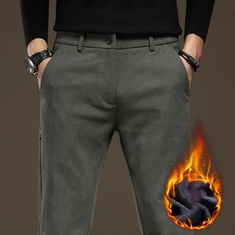 男性冬暖かい弾性スーツパンツ男性フリース裏地肥厚ブレザーパンツスリムフィット多用途レギュラーカジュアルズボン