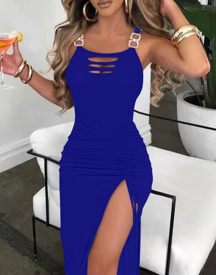 Summer Dress Women Bodycon Ladder Cutout Slit Buckled Dresses Fashion Sleeveless Short Skirt for Female Streetwear