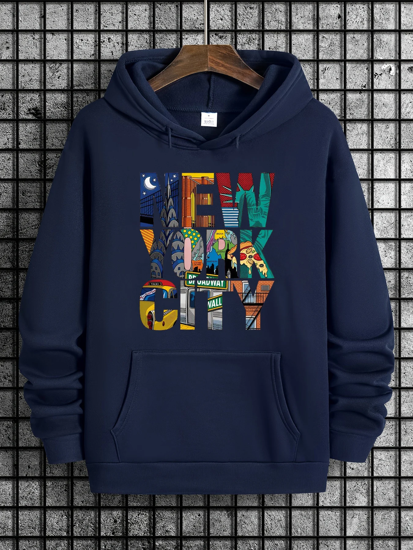 Men's autumn and winter casual fashion loose hooded sweatshirt New York City letter printed long sleeved warm pullover