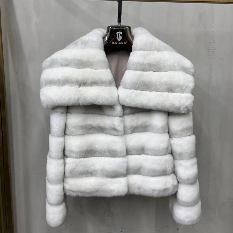 Women\'s Winter Real Rex Rabbit Fur Short Coat Long Chinchilla Fur Jacket Warm Natural Fur Luxury Female Coat