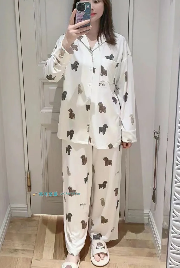 Japan Style GP Cotton Modal Bichon Teddy Bear Printed Homewear Long Pajamas Loungewear