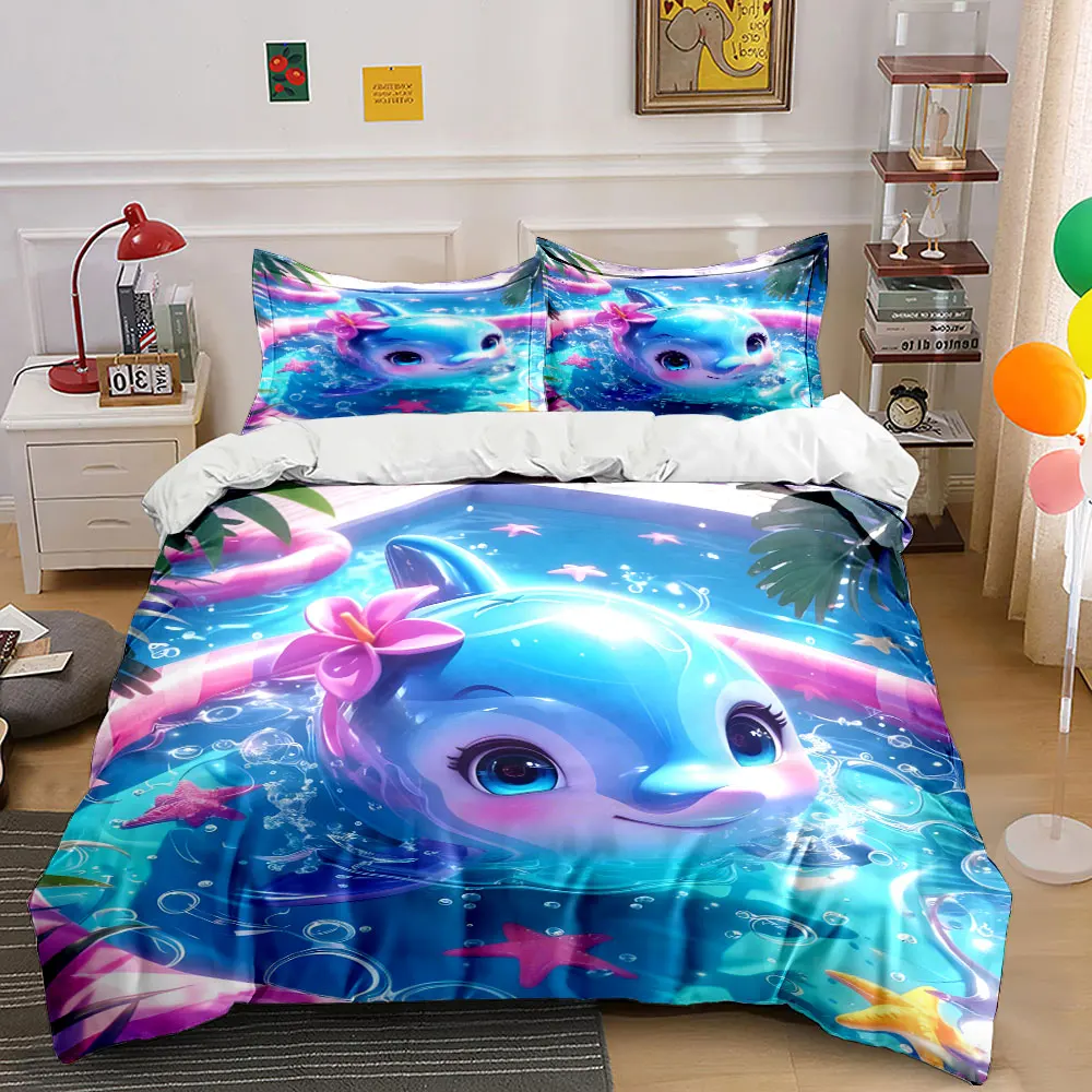 

3pcs Cute cartoon dolphin in pool Duvet Cover Set with 3D Printing Design Soft Polyester Bedding Set All-Season Comfort