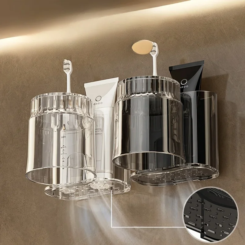 2 Stück/Set: Zahnbürstenhalter mit Mundspülbecher, wandmontierter Zahnbürsten-Aufbewahrungsständer, Aufbewahrungsregal für das Badezimmer, Badezimmerzubehör. – Detail 4