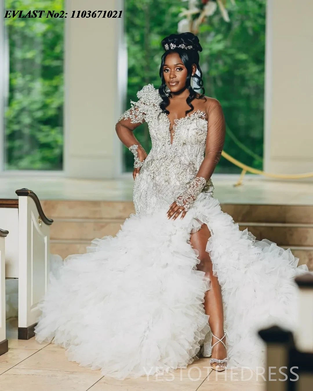 EVLAST مخصص العربية Aso Ebi حورية البحر فستان الزفاف عالية الشق اللؤلؤ مطرز الكشكشة فستان زفاف رداء دي ماري MD37 الأفريقي #1
