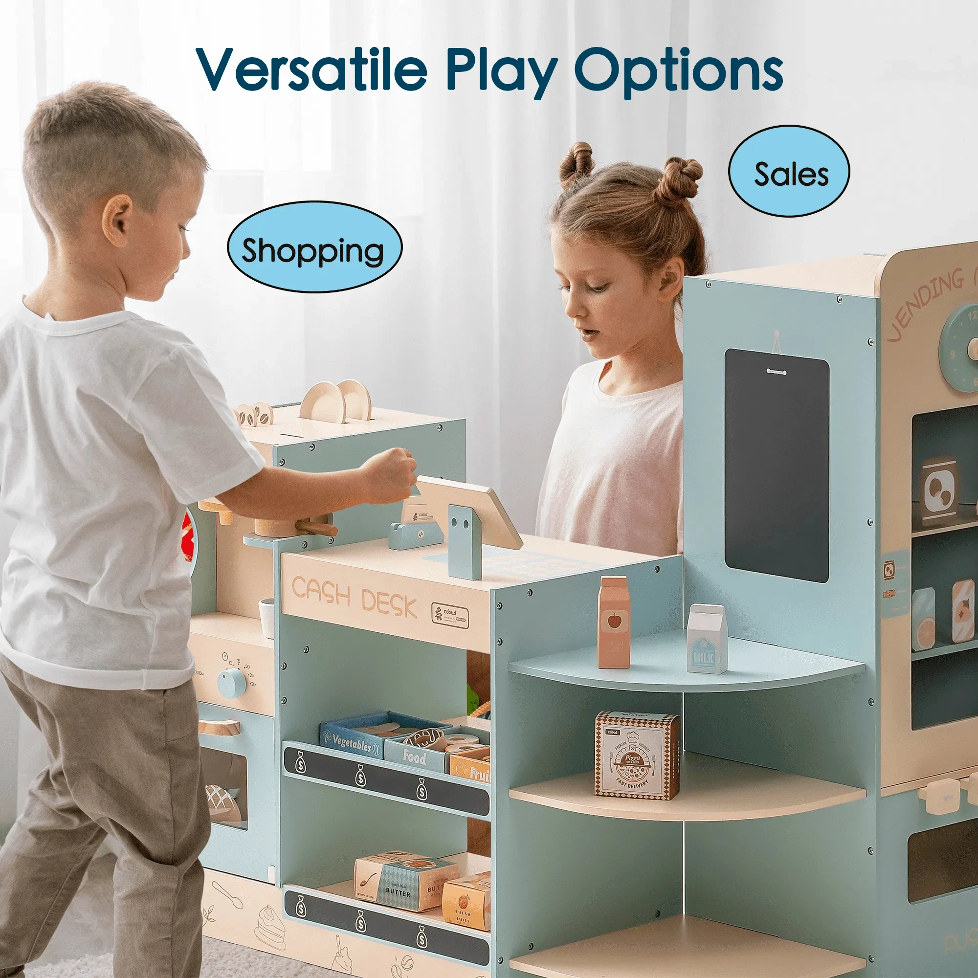 ROBUD Corner Coffee Shop Play Set Grocery Store Playset with Cash Register Chalkboard Play Food Accessories Gift for Kids 3+