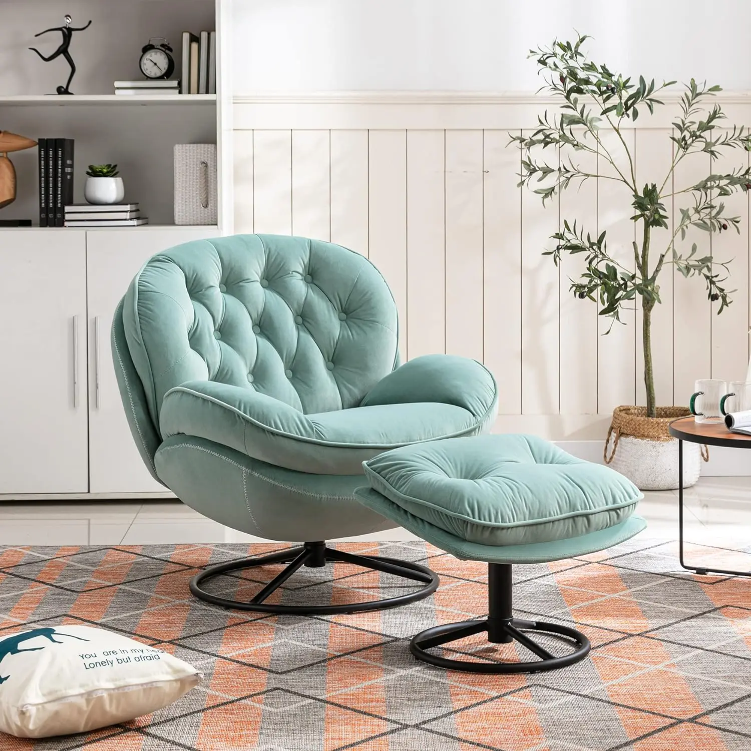 

Homsof Velvet Swivel Accent Chair with Ottoman Set, Modern Chaise Lounge with Footstool, Comfy Armchair with Metal Legs