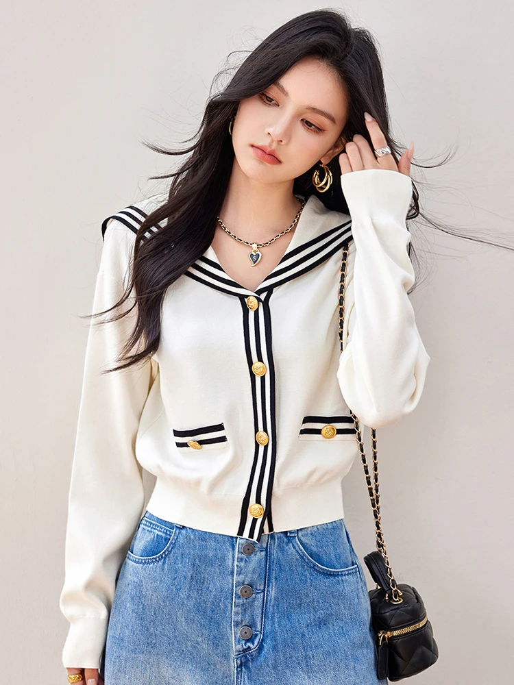 ​​​Preppy Style Sailor Collar Knitted Cardigan Women Autumn New Korean Fashion Long Sleeve Sweater Single Breasted Short Coat