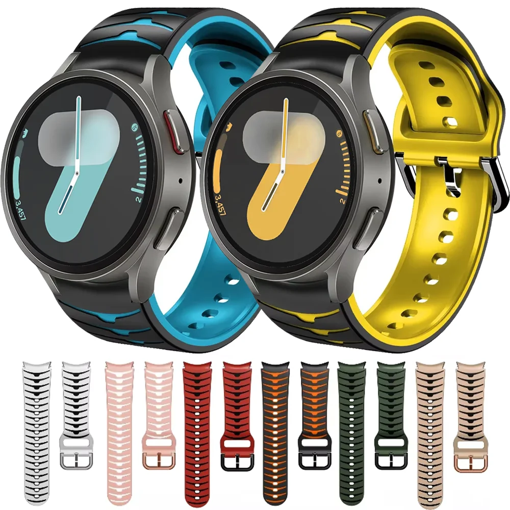 حزام سيليكون بلونين لساعة سامسونج جالاكسي 7/6/5/4 40mm44mm 5 Pro 45mm بدون فجوة سوار حزام ساعة 6 4 كلاسيكي باند كوريا