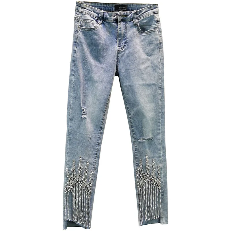 Imagem -03 - Verão Fino Recortado Jeans Feminino Estiramento Fino Cintura Alta Denim Calças Femme Strass Borla Calças Magras na Moda 2023 Roupas