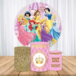 Princess Round Backdrop Aurora Ariel Belle Rapunzel Cinderella Snow White Backdrop Princess Birthday Cylinder Cover Prop