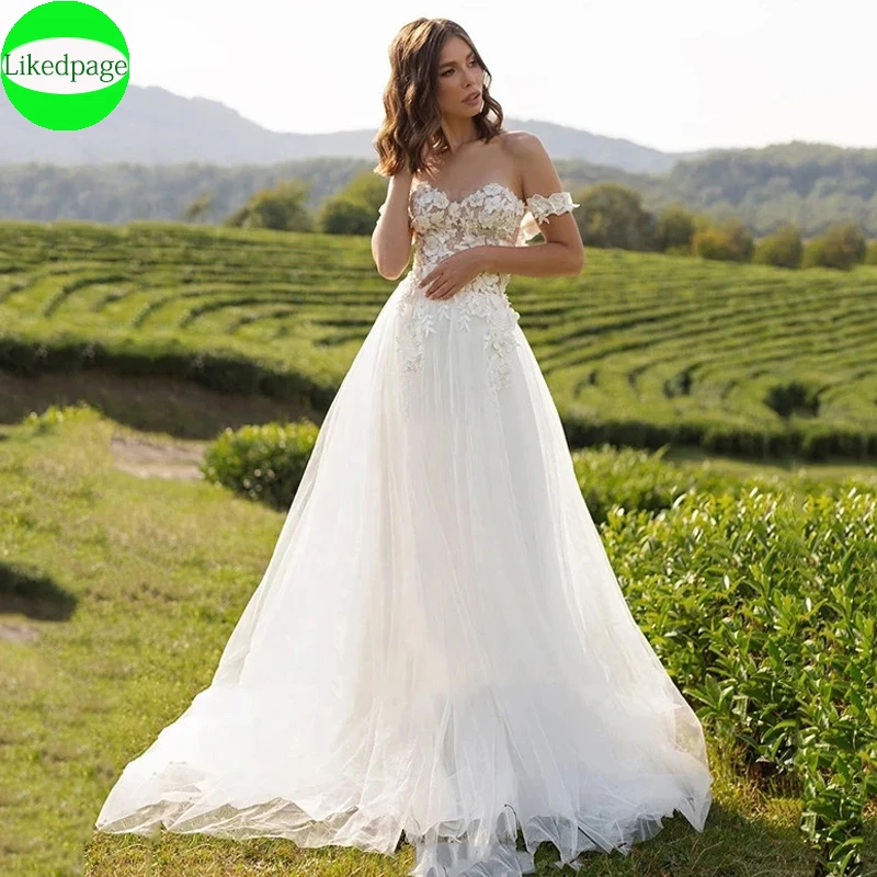 

white Wedding Dress No Bra Off The Shoulder A-Line Bride Vestido Flore Appliques Lace Pure Love Illusion Robe de mariée