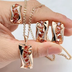 Kinel Shiny Red Natural Zircon Jewelry Set for Woman Fashion 585 Rose Gold Color Ring Earrings Necklace 3Pcs Vintage Jewelry Set