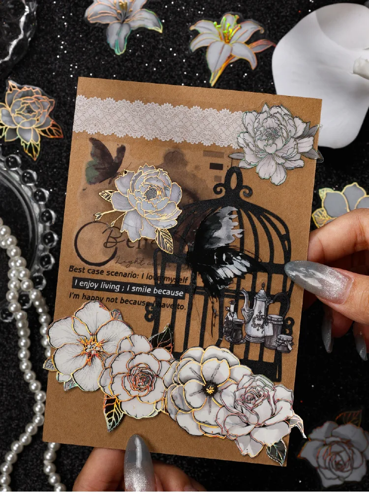 ملصقات زهور مخططة باللون الذهبي/الفضي المجسم - شارات لامعة فاخرة لرفع أي مجلة أو مشروع حرفي