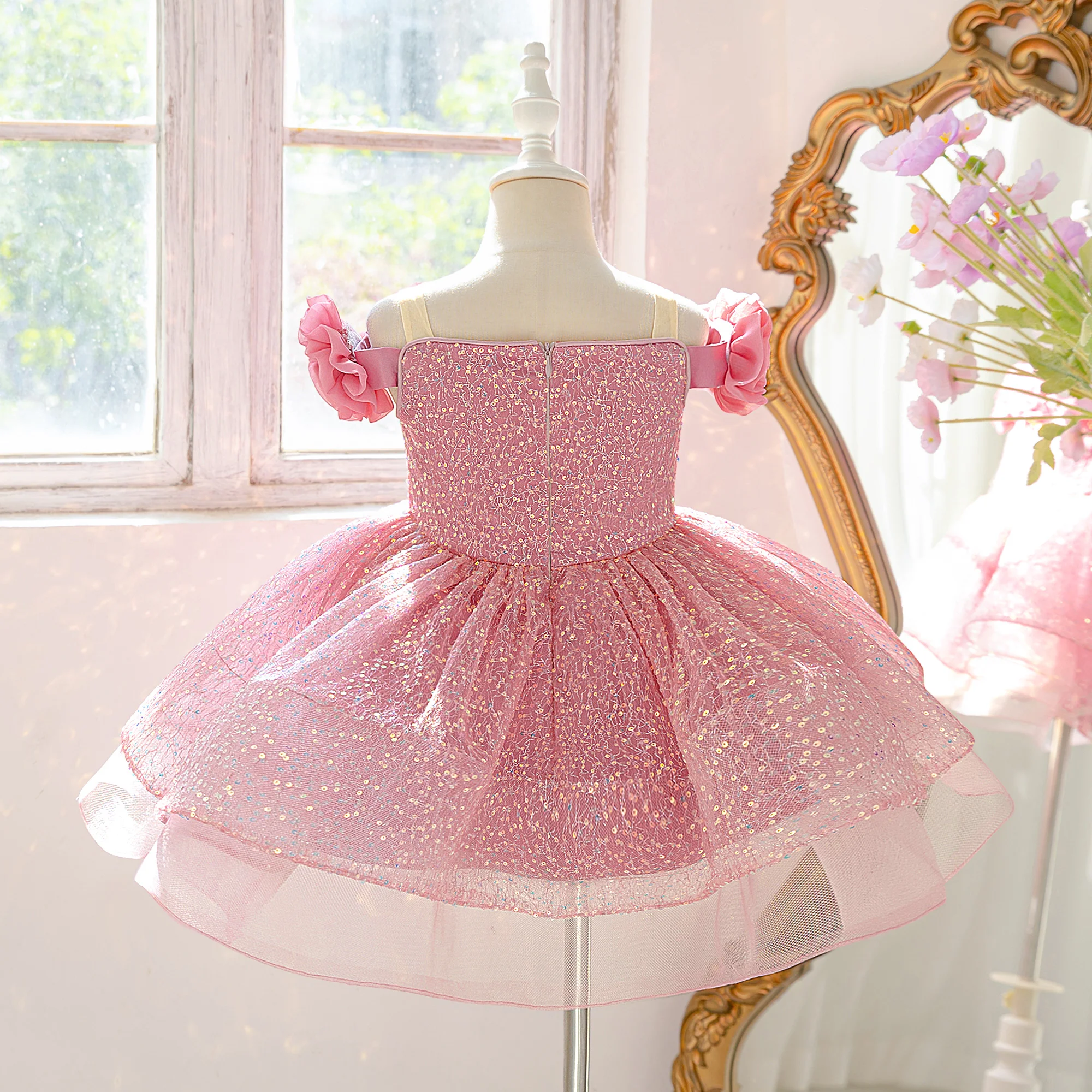 Fashion Big Flower Bridesmaids Girls Dress Elegant Tulle Wedding Birthday Party Princess Dresses Girl Baptism Pageant Prom Gown