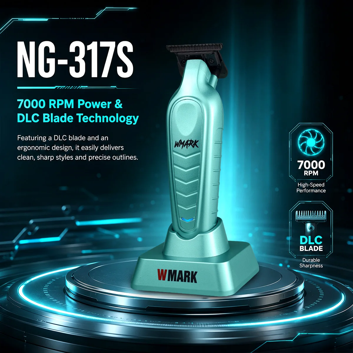 wmark-ng-317s-プロフェッショナル電動ヘアトリマー。オイルヘッドで、ヘアスタイルの輪郭を整え、仕上げに最適。充電スタンド付き。美容院や理髪店での使用に。