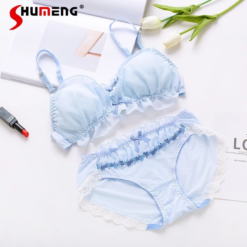 

Japanese Style Chiffon Lingerie for Women Fresh Thin Triangle Cup Wireless Bra Set Female Cute Lace Ruffled Sexy Brief Suits