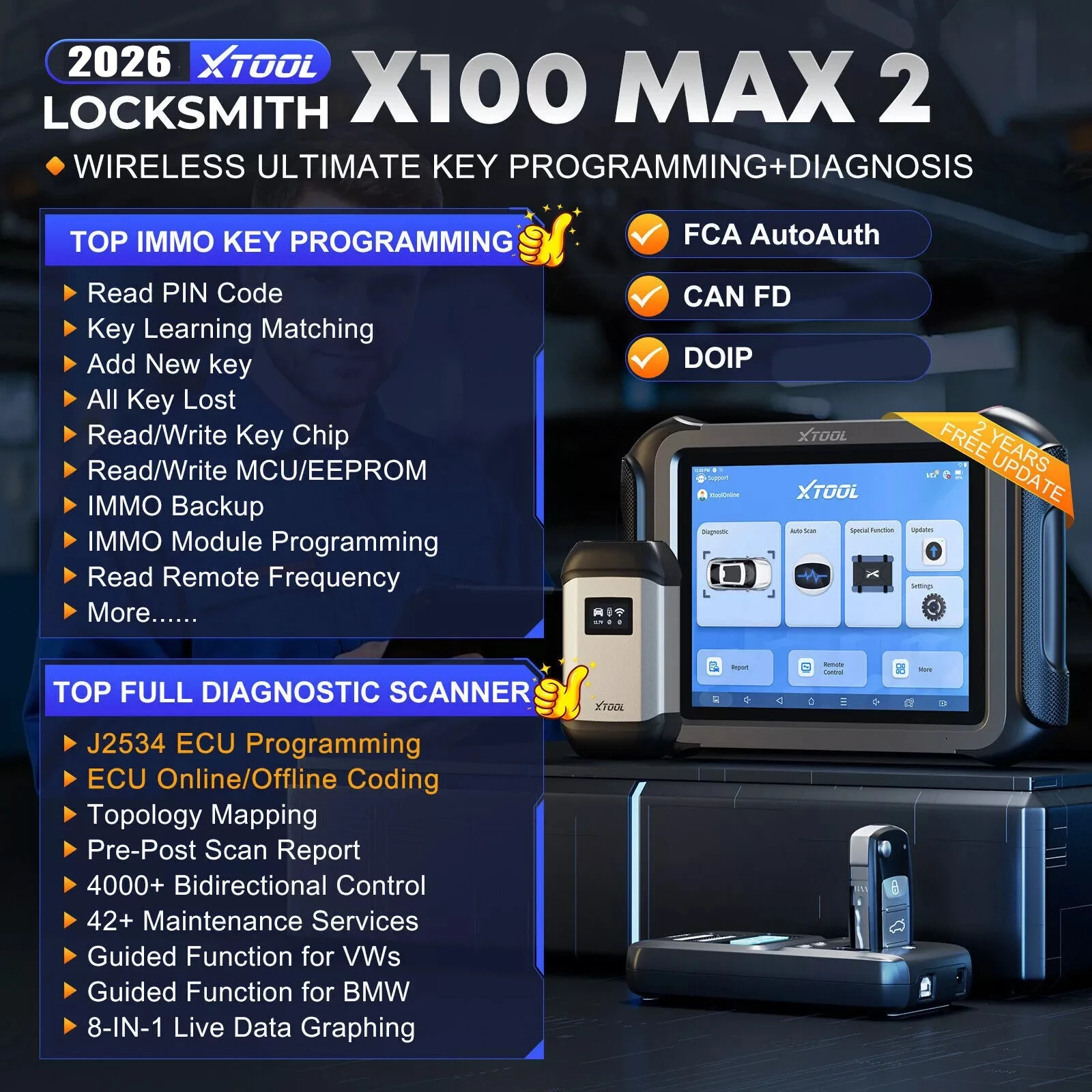 USA Stock XTOOL X100MAX2 All Key Lost Car Key Programming Tool J2534 Automobile Locksmith Tool IMMO Reset Car Diagnosis Machine