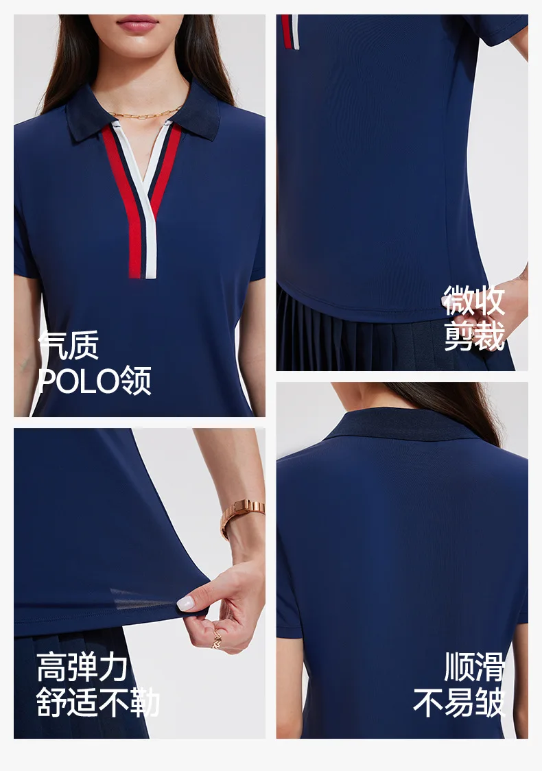 Zweiteiliger Tennis-Sportanzug für Damen, Kurzarm-Oberteil mit Polokragen und Faltenrock-Set, Schnelltrocknende Golf-Sportbekleidung aus Acryl-Spandex, Fitness-Sportset – Detail 1