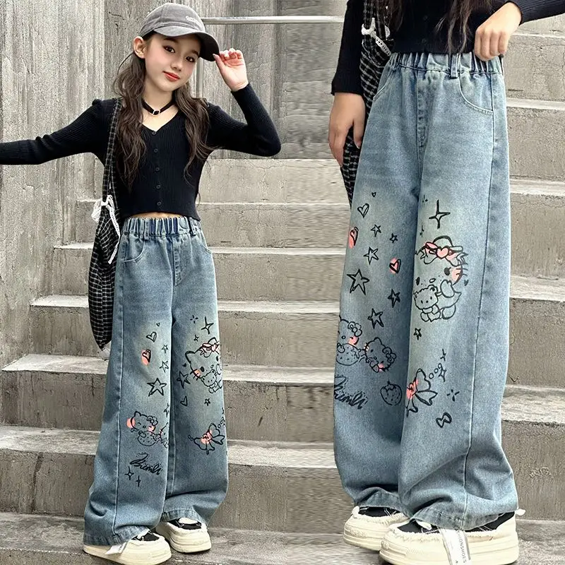 Hot Kawaii Hollekitty Girls Jeans Printed Straight Pants Cute High Waist Loose Wide Leg Pants Versatile Popular Motorcycle Pants