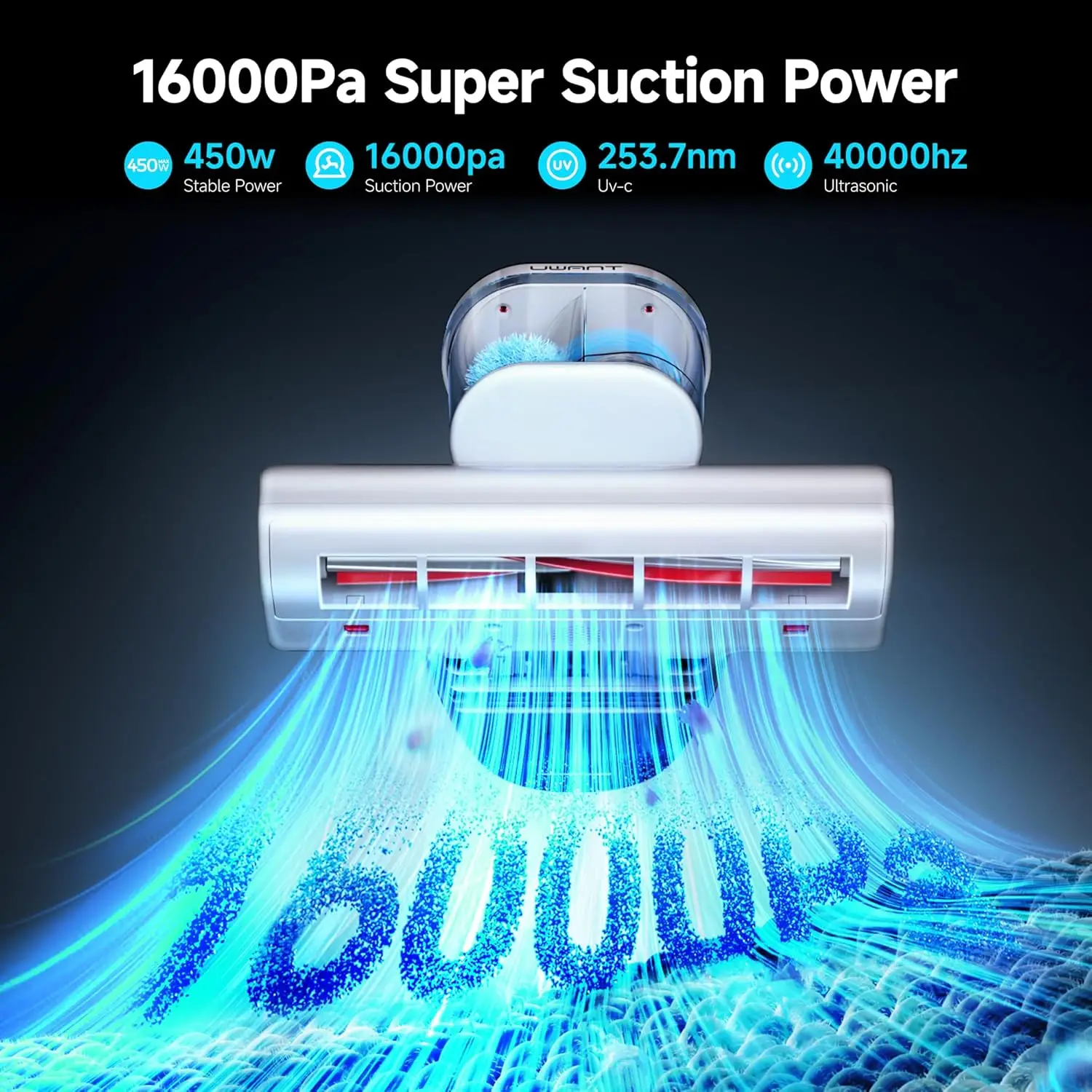 

Bed Cleaner with 16Kpa Suction Metal Roller 253.7nm UV-c Light Mattress Vacuum Cleaner 36000RPM/Min 149℉ Heating HEPA Filter
