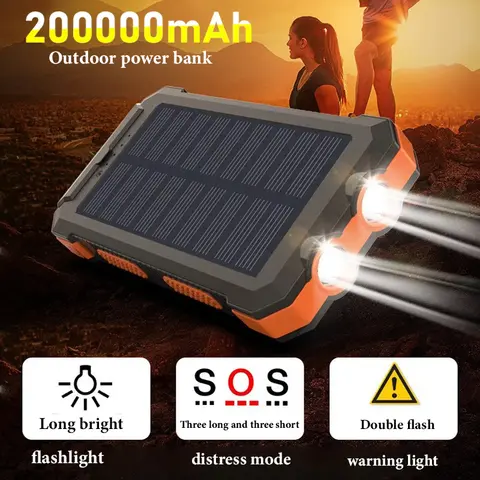 새로운 휴대용 태양광 발전 은행 야외 충전기 200000 mAh 보조베터리 방수 외부 배터리 LED 조명으로 듀얼 USB 충전