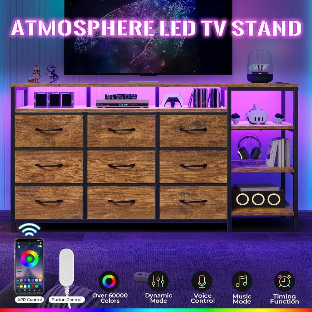 حامل تلفزيون 60 بوصة، خزانة ملابس مع قاعدة شحن، مركز ترفيه مكون من 9 أدراج بإضاءة LED، وحدة تحكم على الطراز الصناعي