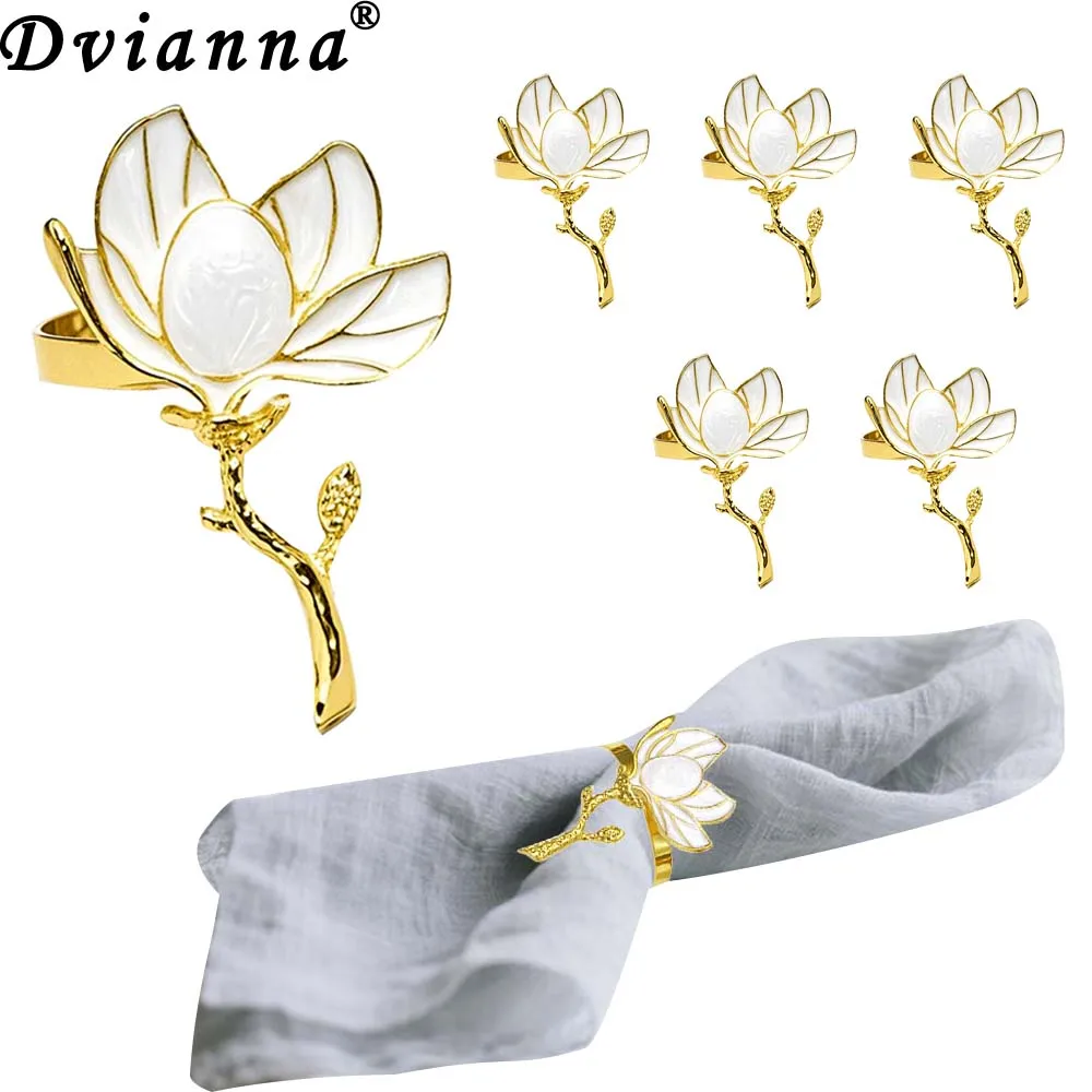 

6Pcs Magnolia Flower Napkin Rings Wedding Napkin Holder Metal Napkin Buckles for Wedding Party Beach Theme Hawaiian Luau Decor