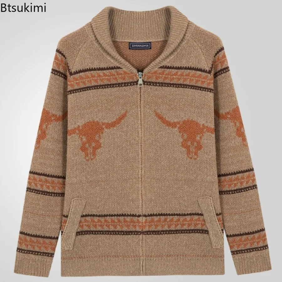 Men's Cable Knit Cardigan Sweater Turndown Collar Long Sleeve Casual Cardigans Zipper Sweater Thermal Luxury Men's Clothing Coat