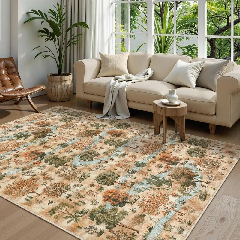Vintage Forest Pattern Living Room Carpet Foldable Machine Washable Sofa Coffee Table Non-slip Floor Mat Home Bedroom Soft Rug