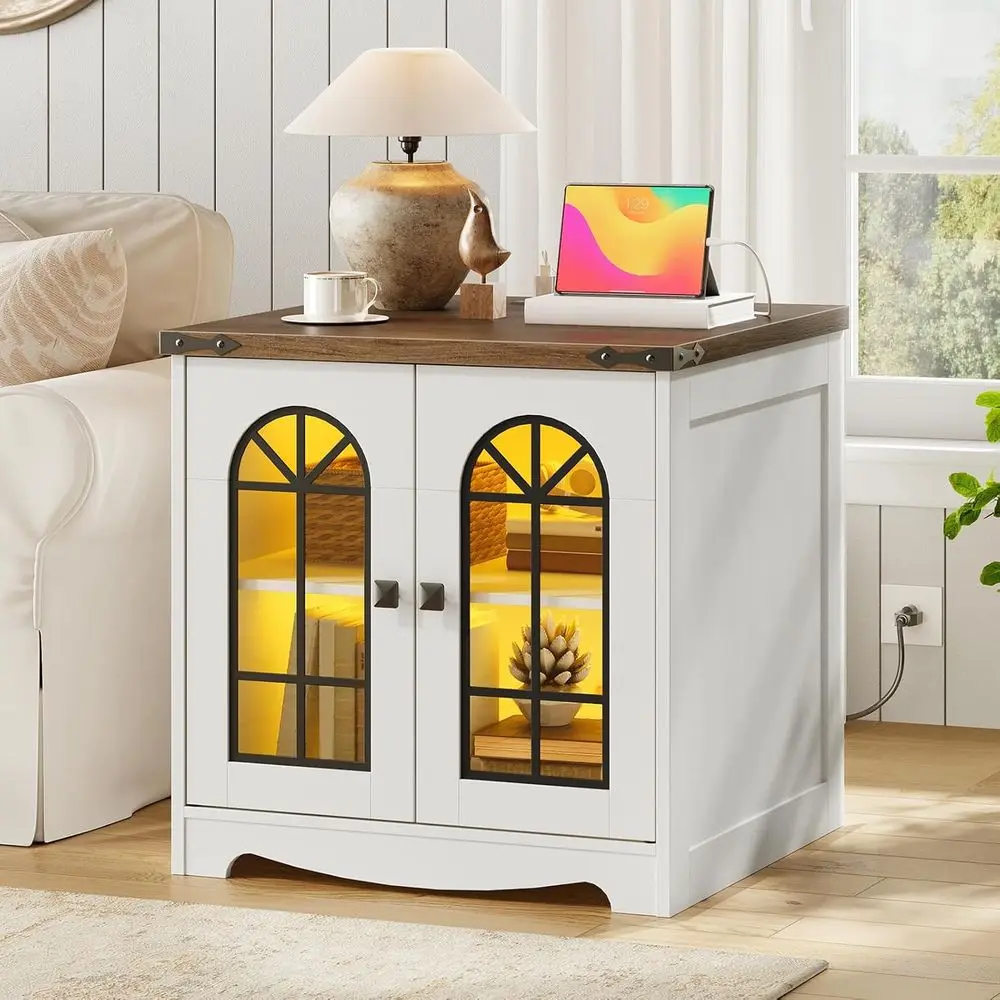 

Large Square Side Table with Charging Station, LED Lights, Glass Barn Door, White & Walnut Finish