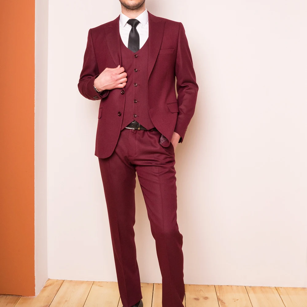 Crimson Suits for Men Fashion Solid Color Male Suit Slim Fit Casual 3 Piece Set Business Groom Wedding Tuxedo Blazer with Pants